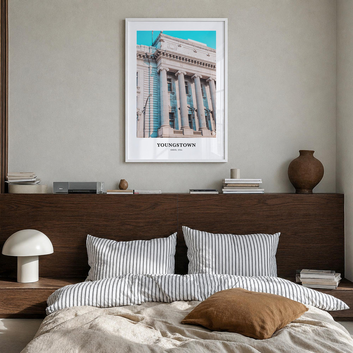 Youngstown colorful classic poster of Ohio, USA – vertical wall art in white wood frame, hanging on wall