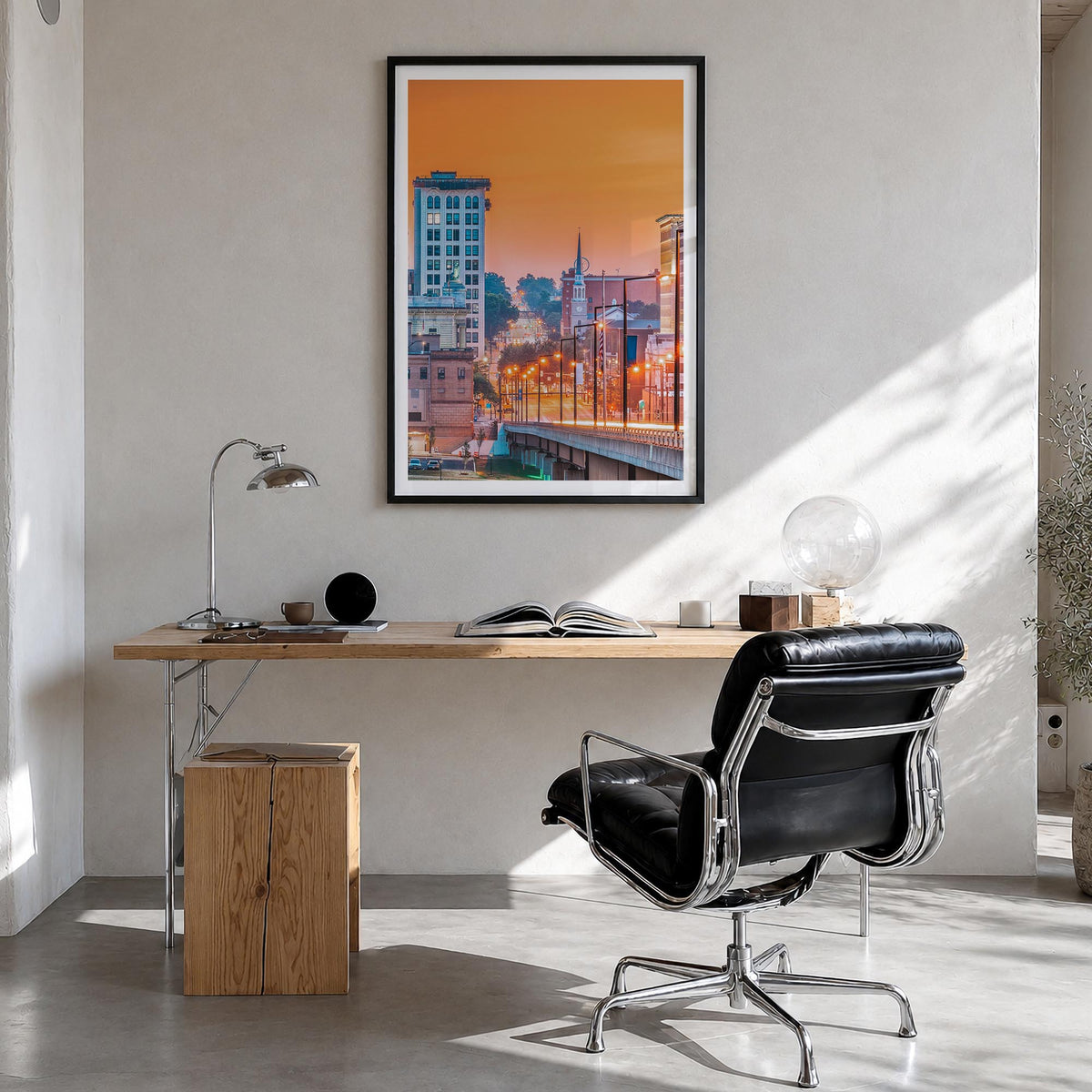 Youngstown colorful photo poster of Ohio, USA – vertical wall art in black wood frame with white border, hanging on wall