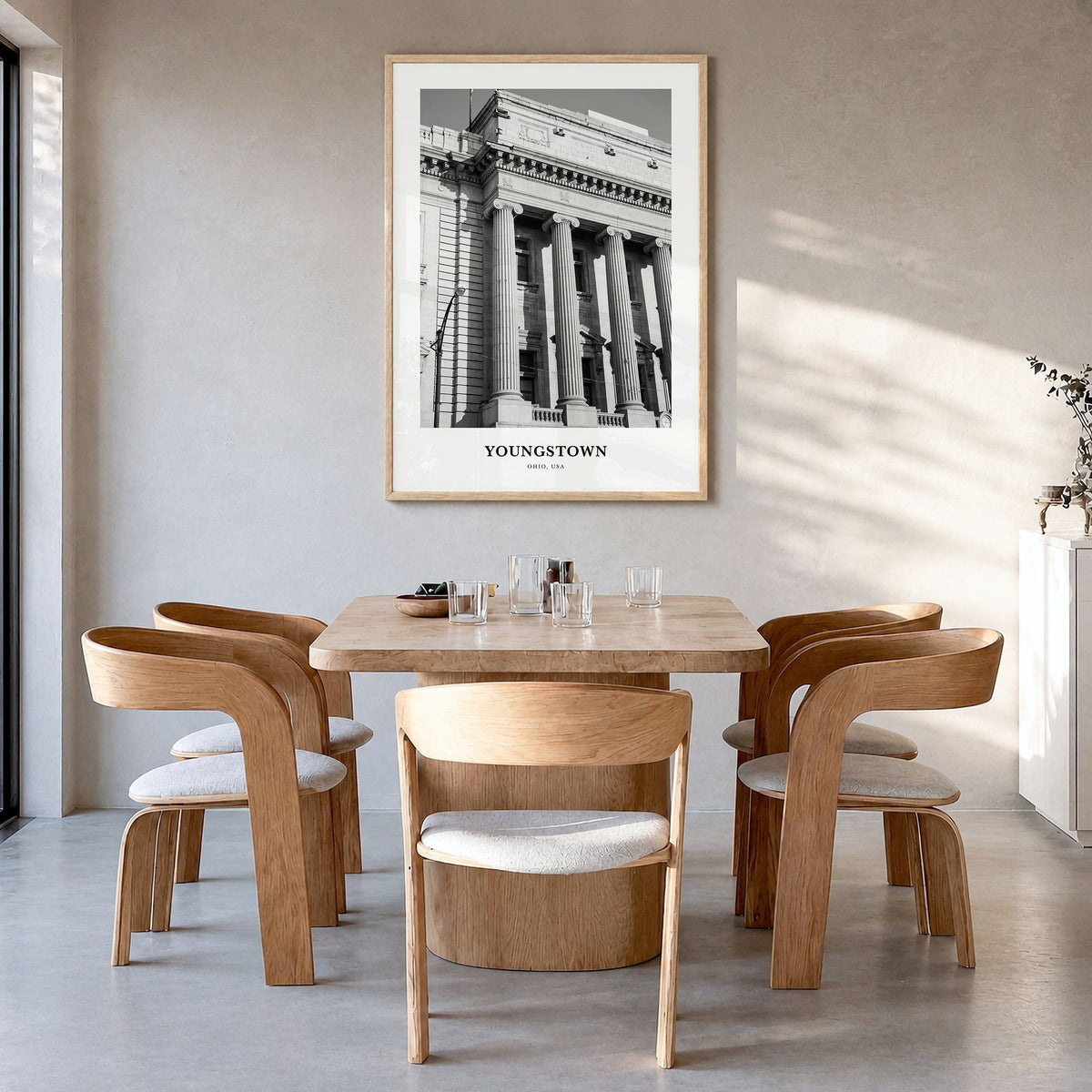 Youngstown Classic Poster in a natural wood frame, hanging in a dining room