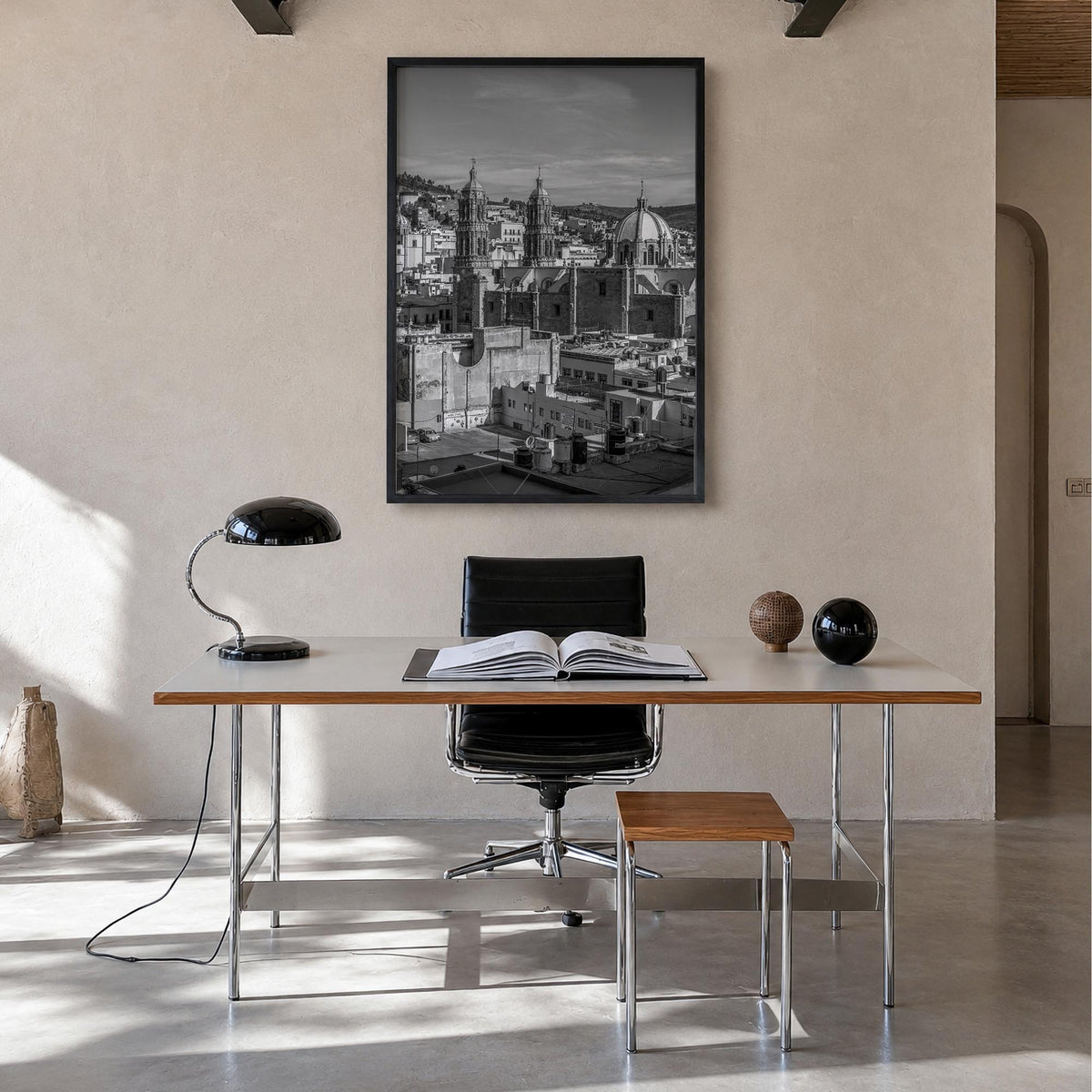 Zacatecas black & white photo poster of Mexico – vertical wall art in black wood frame, hanging on wall
