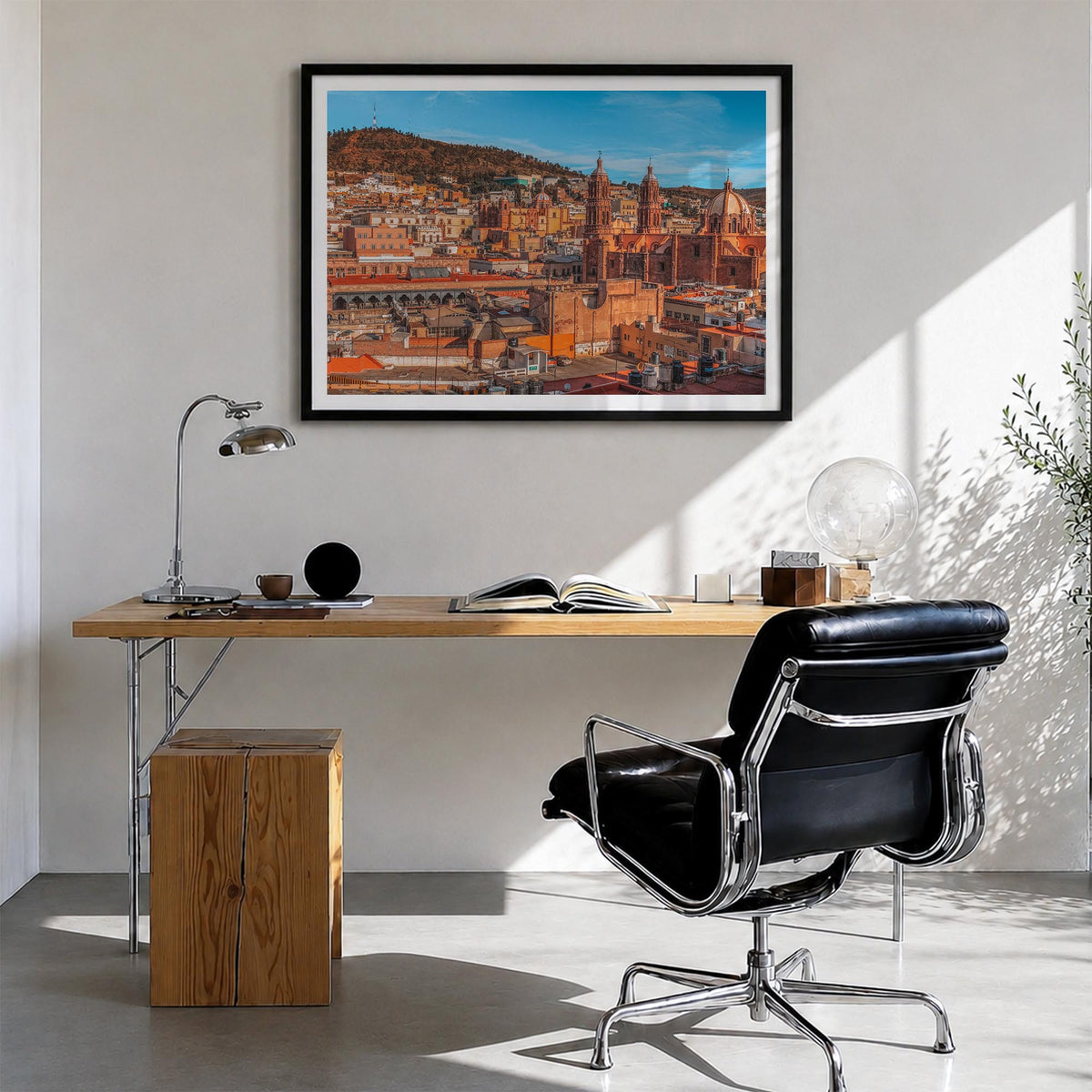 Zacatecas colorful photo poster of Mexico – horizontal wall art in black wood frame with white border, hanging on wall