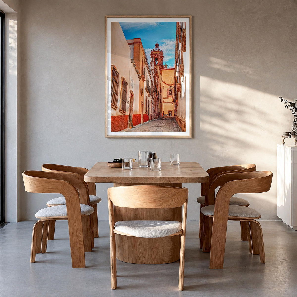 Zacatecas colorful photo poster of Mexico – vertical wall art in natural wood frame with white border, hanging on wall