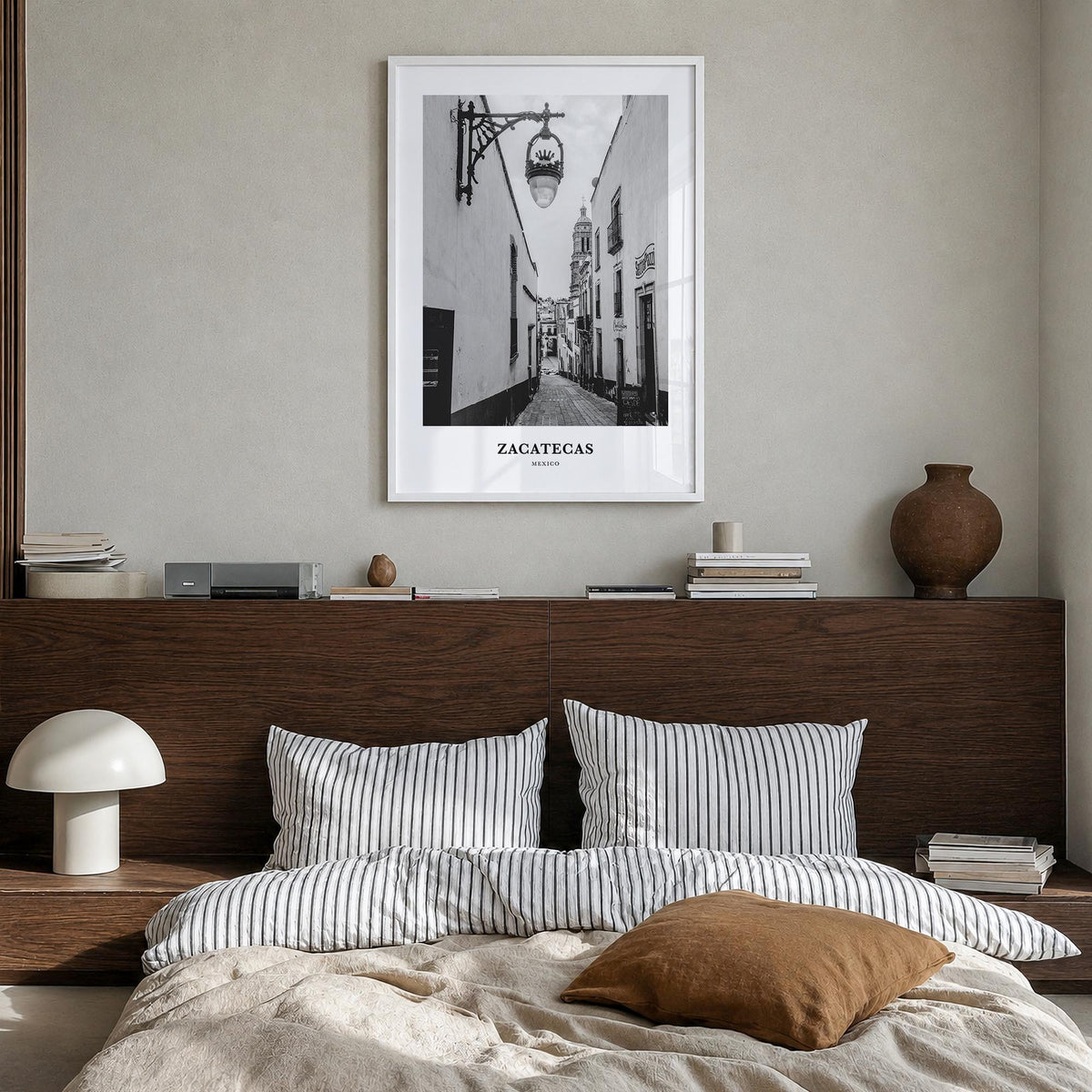 Zacatecas no. 2 black & white classic poster of Mexico – vertical wall art in white wood frame, hanging on wall