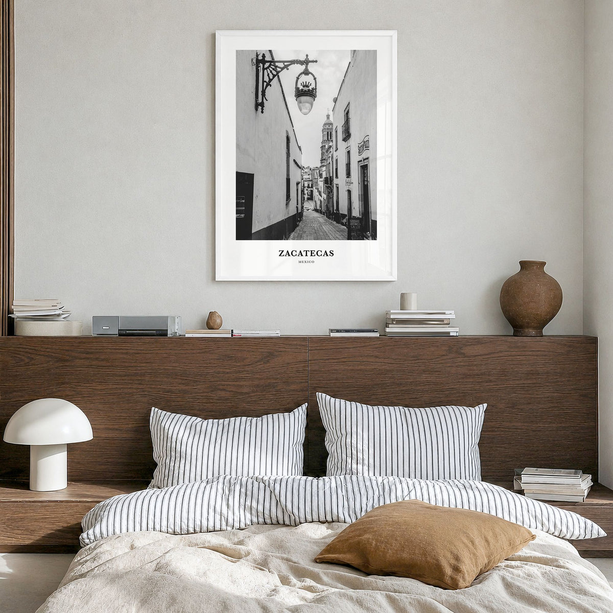 Zacatecas Classic No 2 Poster in a white wood frame, hanging in a bedroom