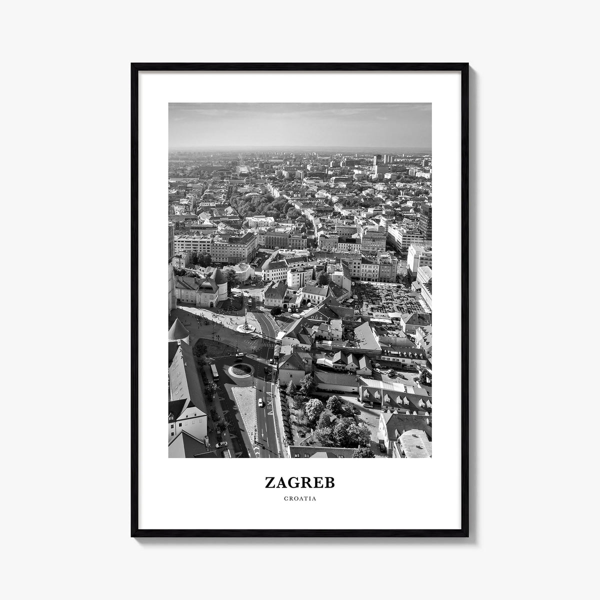 Zagreb black & white classic poster of Croatia – vertical wall art, unframed print shown in interior mockup