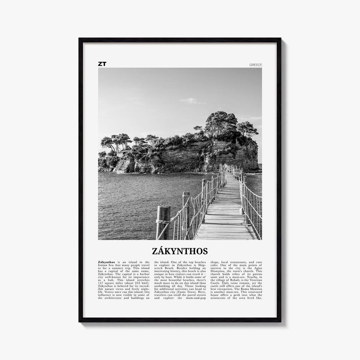 Zákynthos black & white newspaper poster of Greece – vertical wall art, unframed print shown in interior mockup