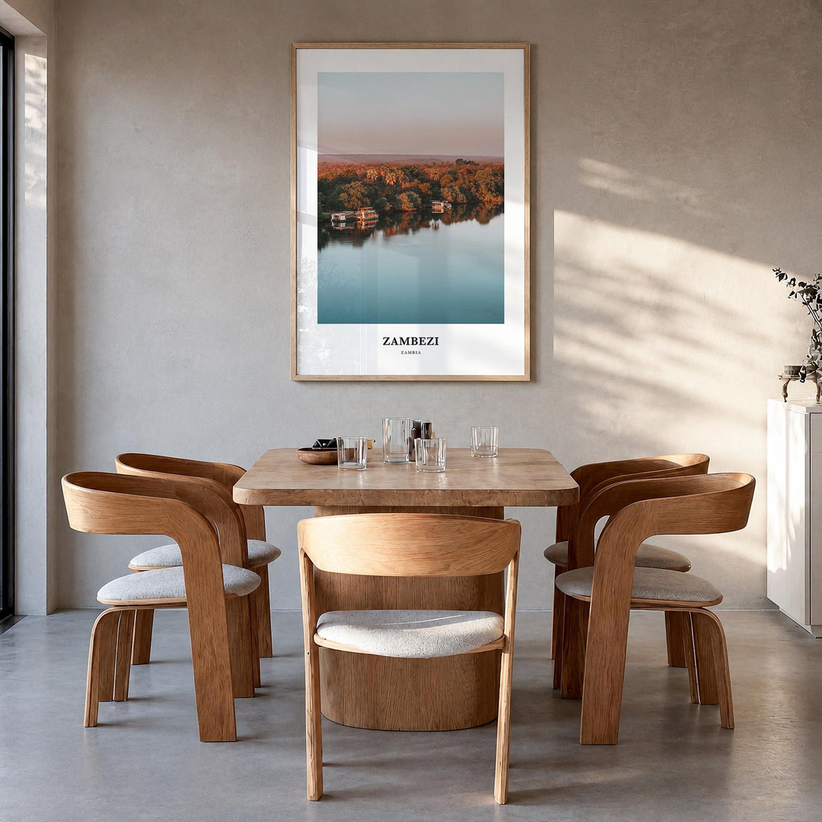 Zambezi colorful classic poster of Zambia – vertical wall art in natural wood frame, hanging on wall