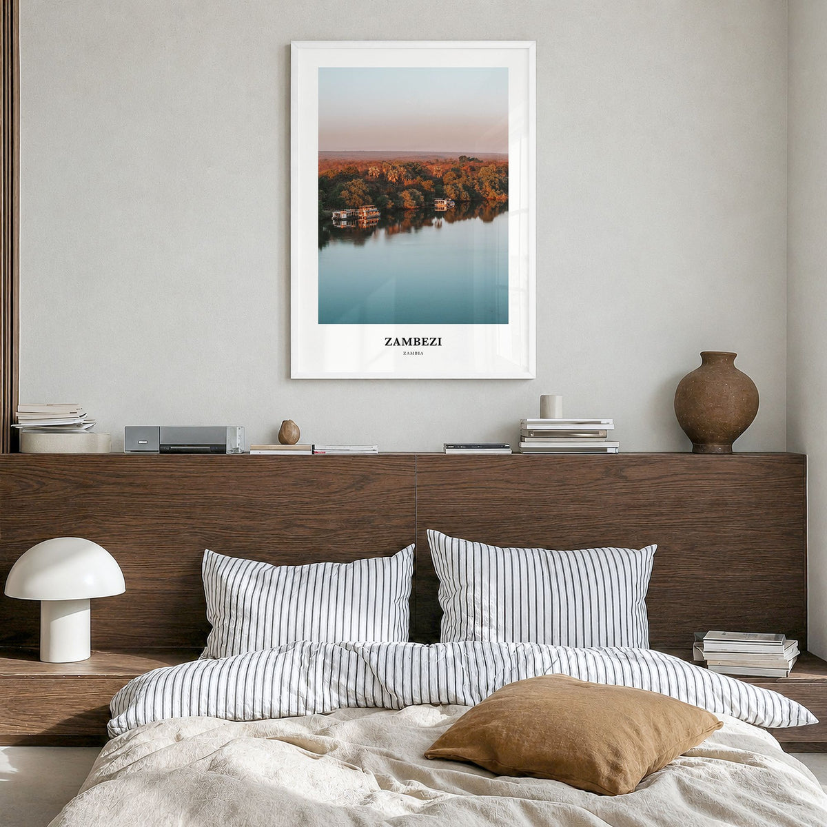 Zambezi Classic Poster in a white wood frame, hanging in a bedroom