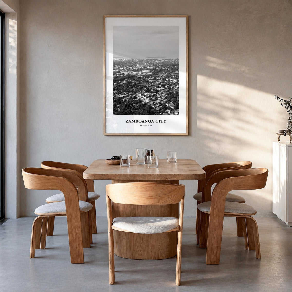 Zamboanga City black & white classic poster of Philippines – vertical wall art in natural wood frame, hanging on wall