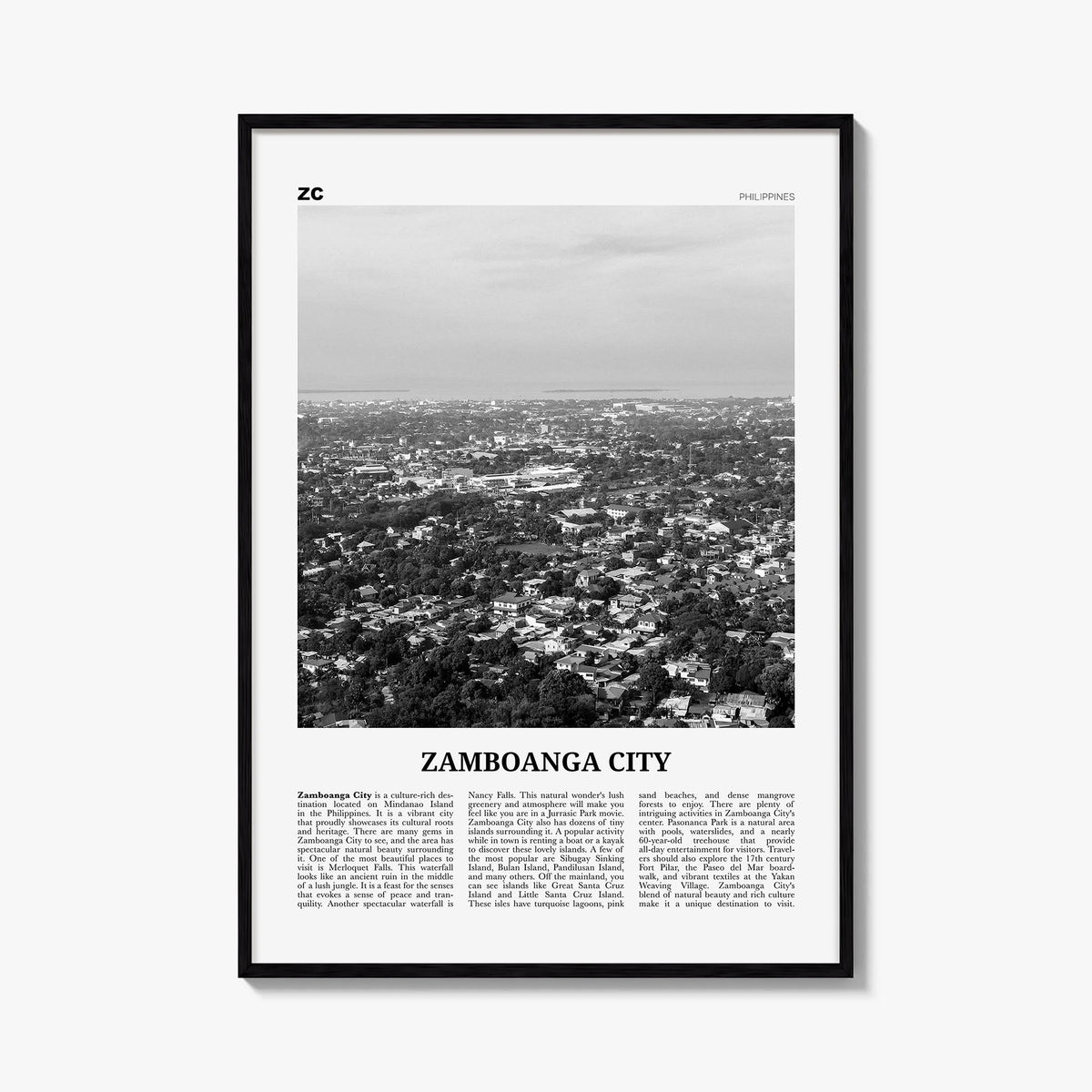 Zamboanga City black & white newspaper poster of Philippines – vertical wall art, unframed print shown in interior mockup