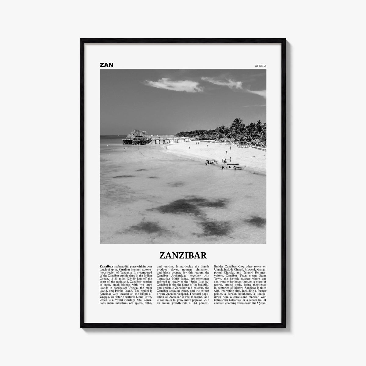Zanzibar black & white newspaper poster of Tanzania – vertical wall art, unframed print shown in interior mockup