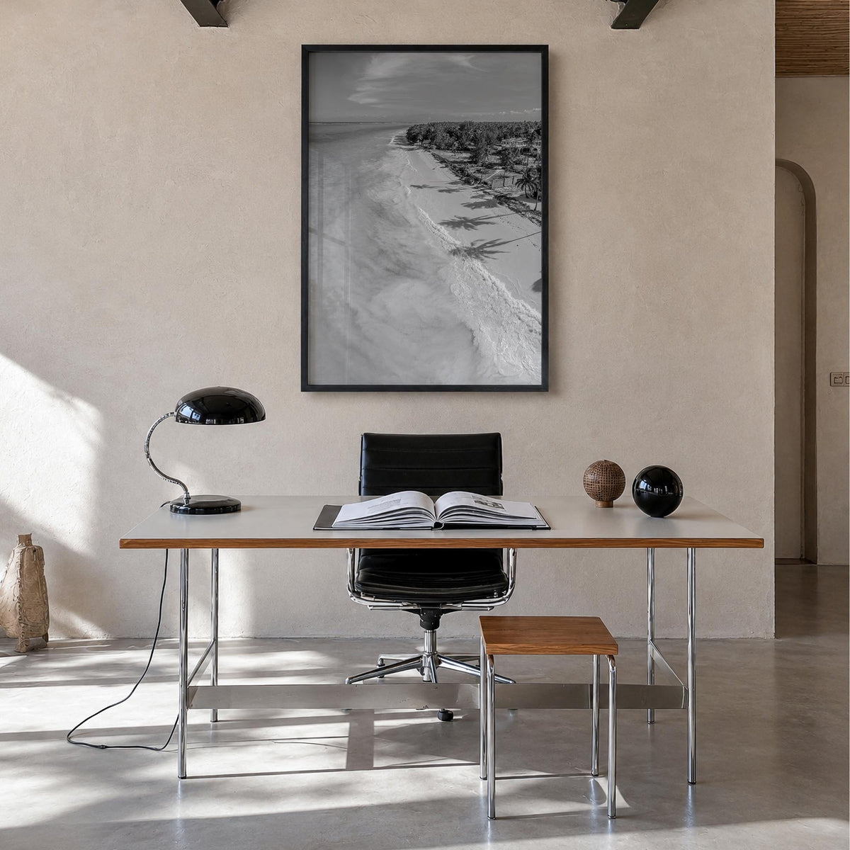 Zanzibar black & white photo poster of Tanzania – vertical wall art in black wood frame, hanging on wall