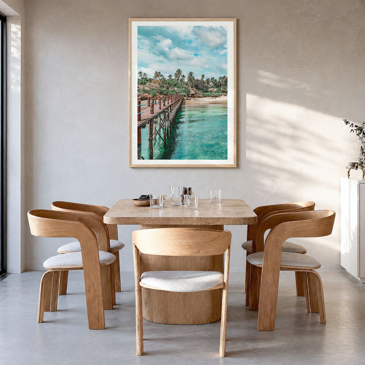 Zanzibar Photo Poster in a natural wood frame, hanging in a dining room, white border