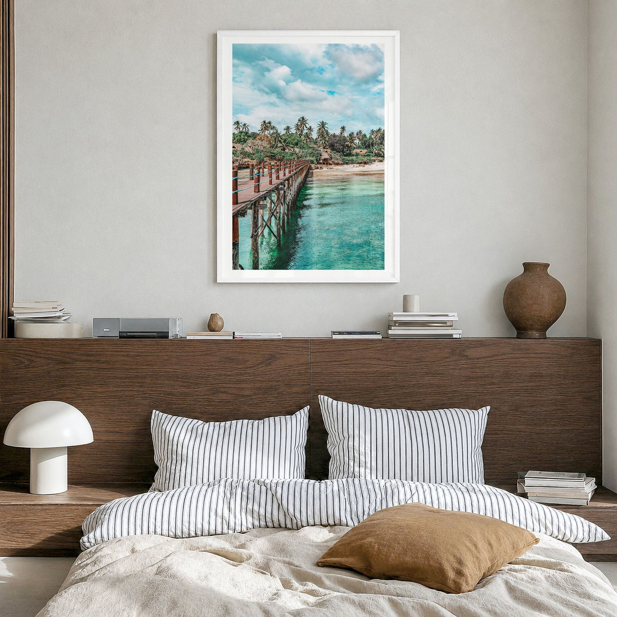 Zanzibar Photo Poster in a white wood frame, hanging in a bedroom, white border