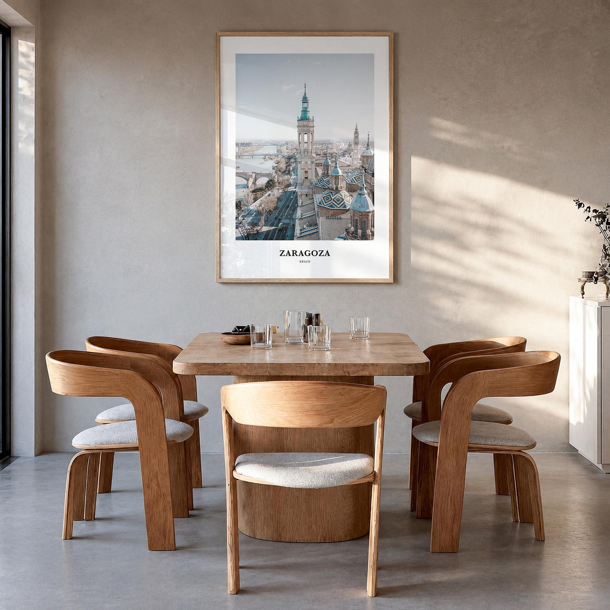 Zaragoza no. 1 colorful classic poster of Spain – vertical wall art in natural wood frame, hanging on wall