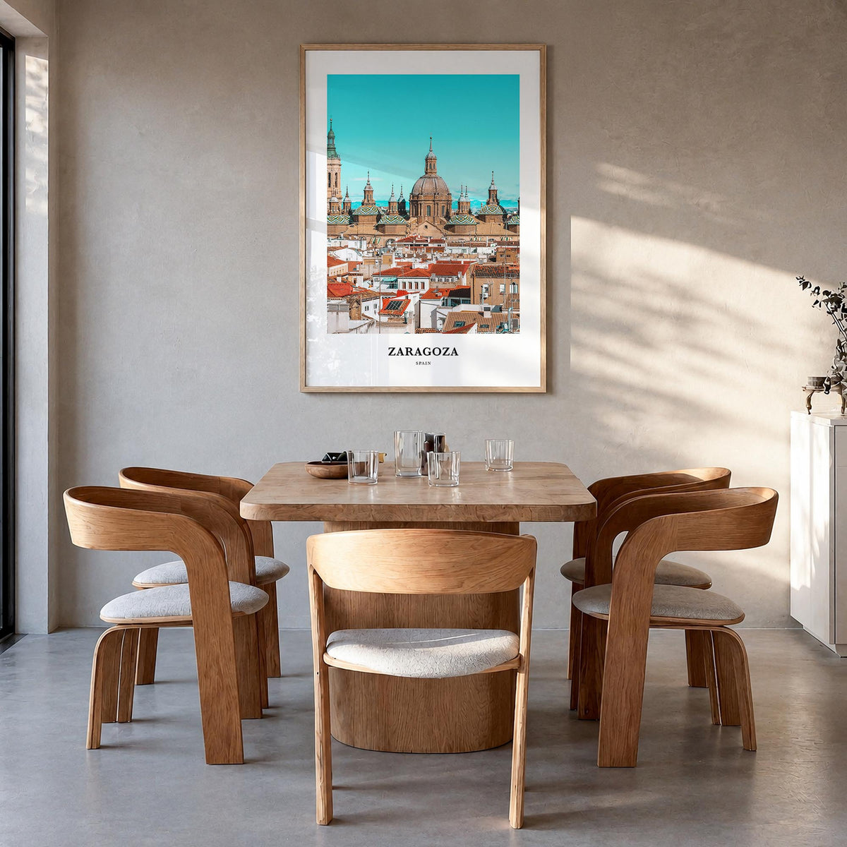 Zaragoza no. 2 colorful classic poster of Spain – vertical wall art in natural wood frame, hanging on wall