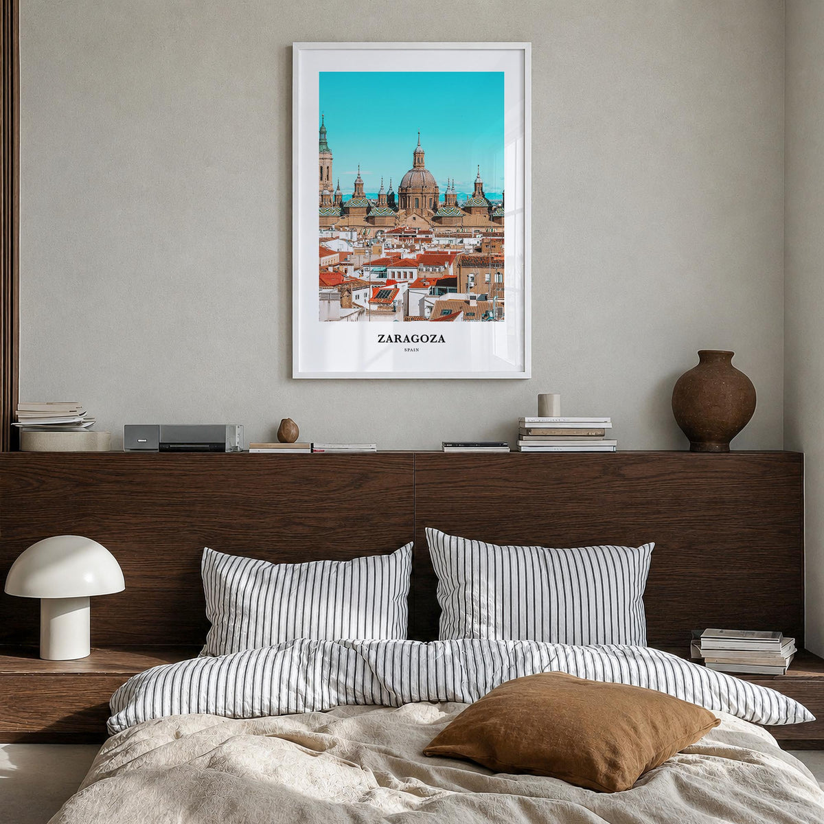 Zaragoza no. 2 colorful classic poster of Spain – vertical wall art in white wood frame, hanging on wall