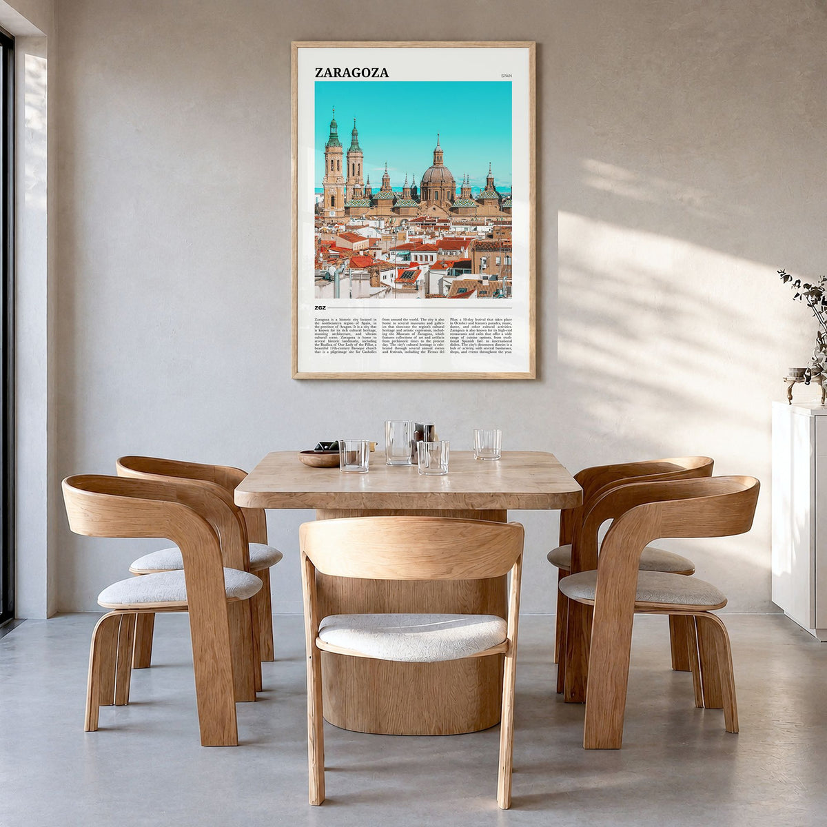 Zaragoza Travel No 2 Poster in a natural wood frame, hanging in a dining room