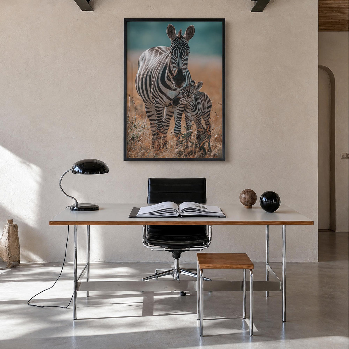 Zebra no. 1 colorful photo poster – vertical wall art in black wood frame, hanging on wall