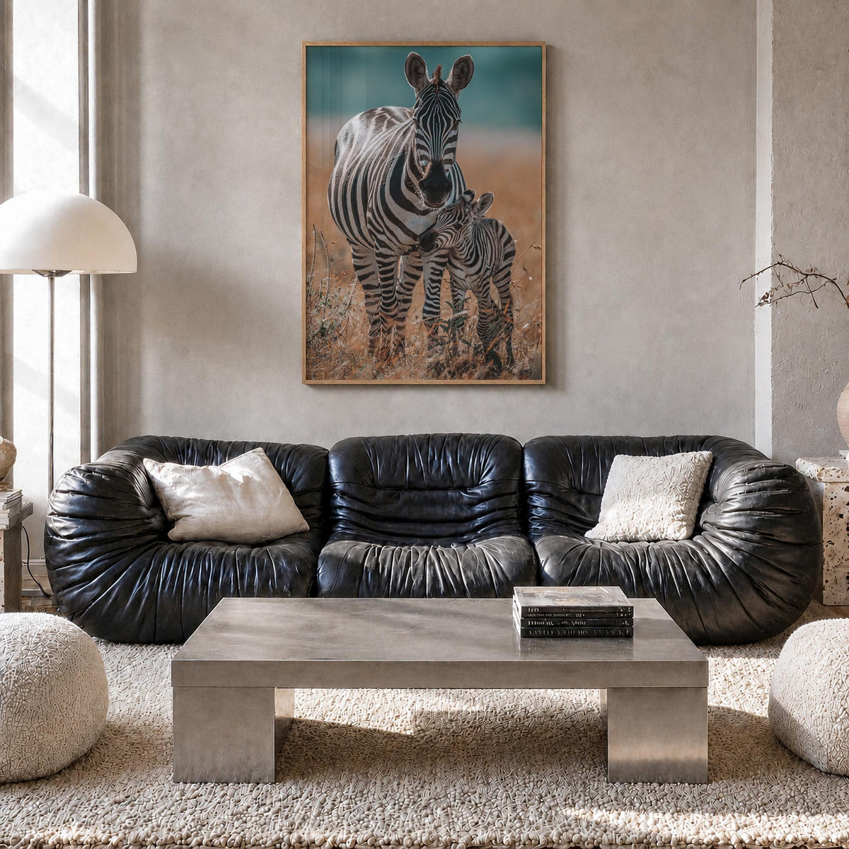 Zebra no. 1 colorful photo poster – vertical wall art in natural wood frame, hanging on wall