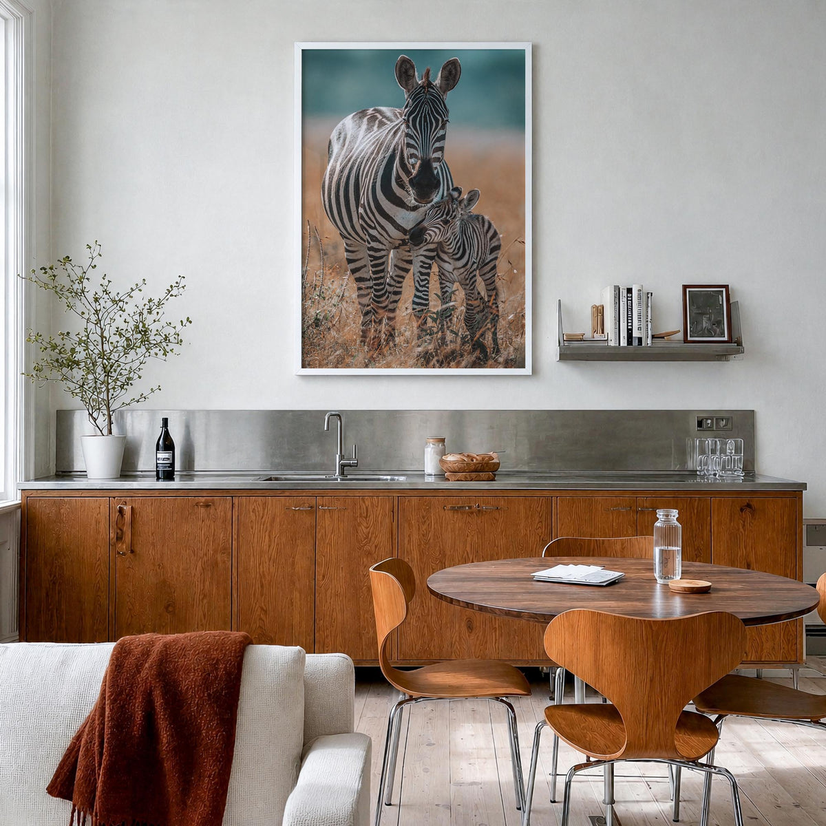 Zebra no. 1 colorful photo poster – vertical wall art in white wood frame, hanging on wall