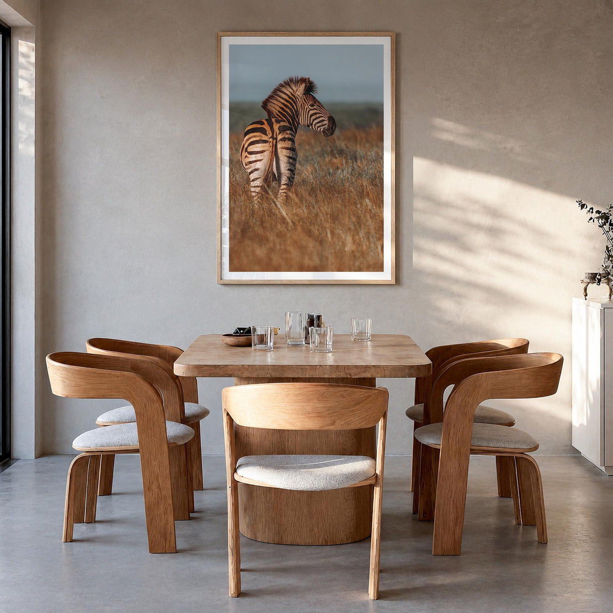 Zebra no. 2 colorful photo poster – vertical wall art in natural wood frame with white border, hanging on wall