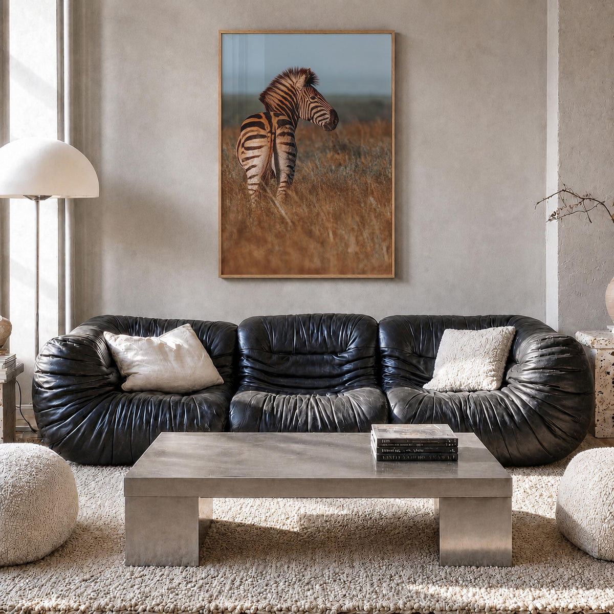 Zebra no. 2 colorful photo poster – vertical wall art in natural wood frame, hanging on wall