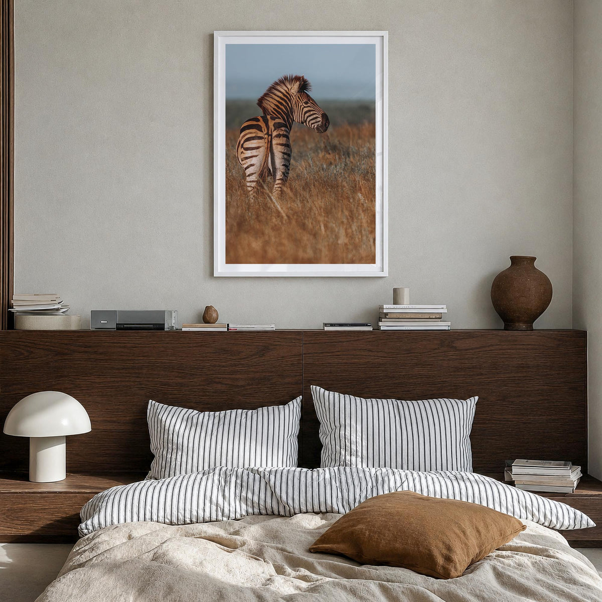 Zebra no. 2 colorful photo poster – vertical wall art in white wood frame with white border, hanging on wall