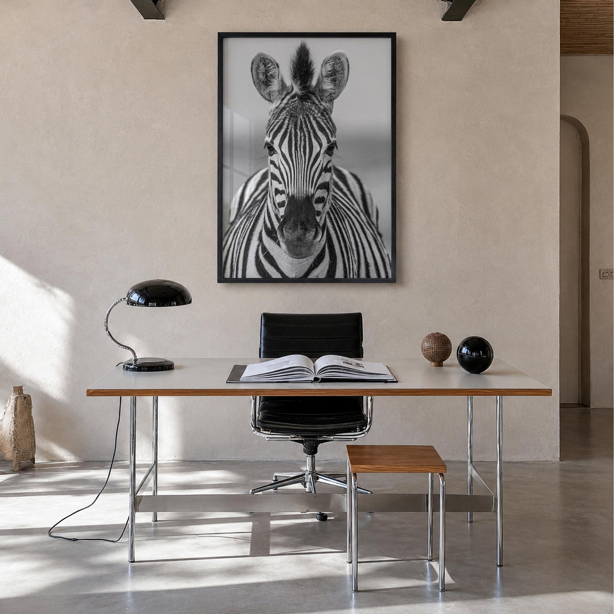 Zebra no. 3 black & white photo poster – vertical wall art in black wood frame, hanging on wall