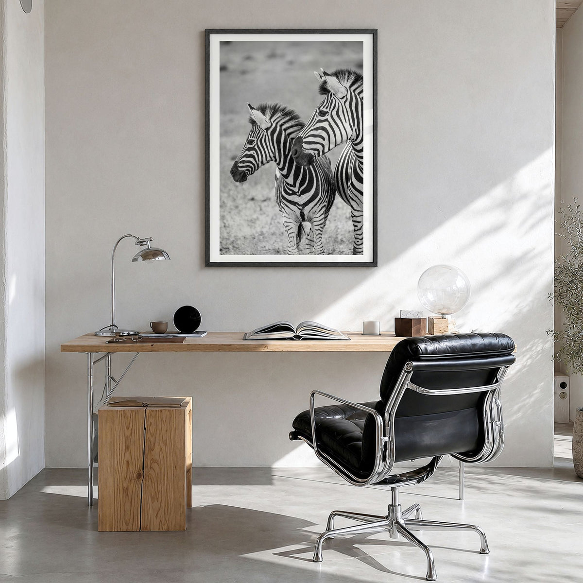 Zebra Photo No 2 Poster in a black wood frame, hanging in a bright home office, white border
