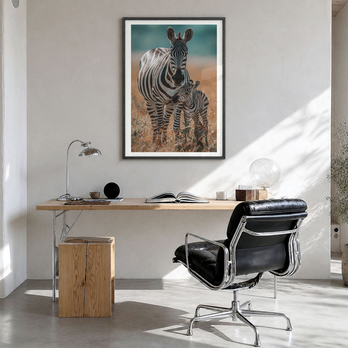 Zebra Photo No 1 Poster in a black wood frame, hanging in a bright home office, white border