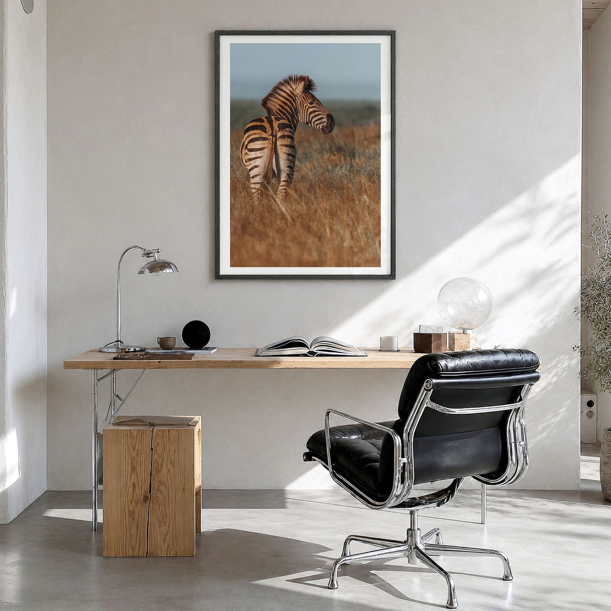 Zebra Photo No 2 Poster in a black wood frame, hanging in a bright home office, white border