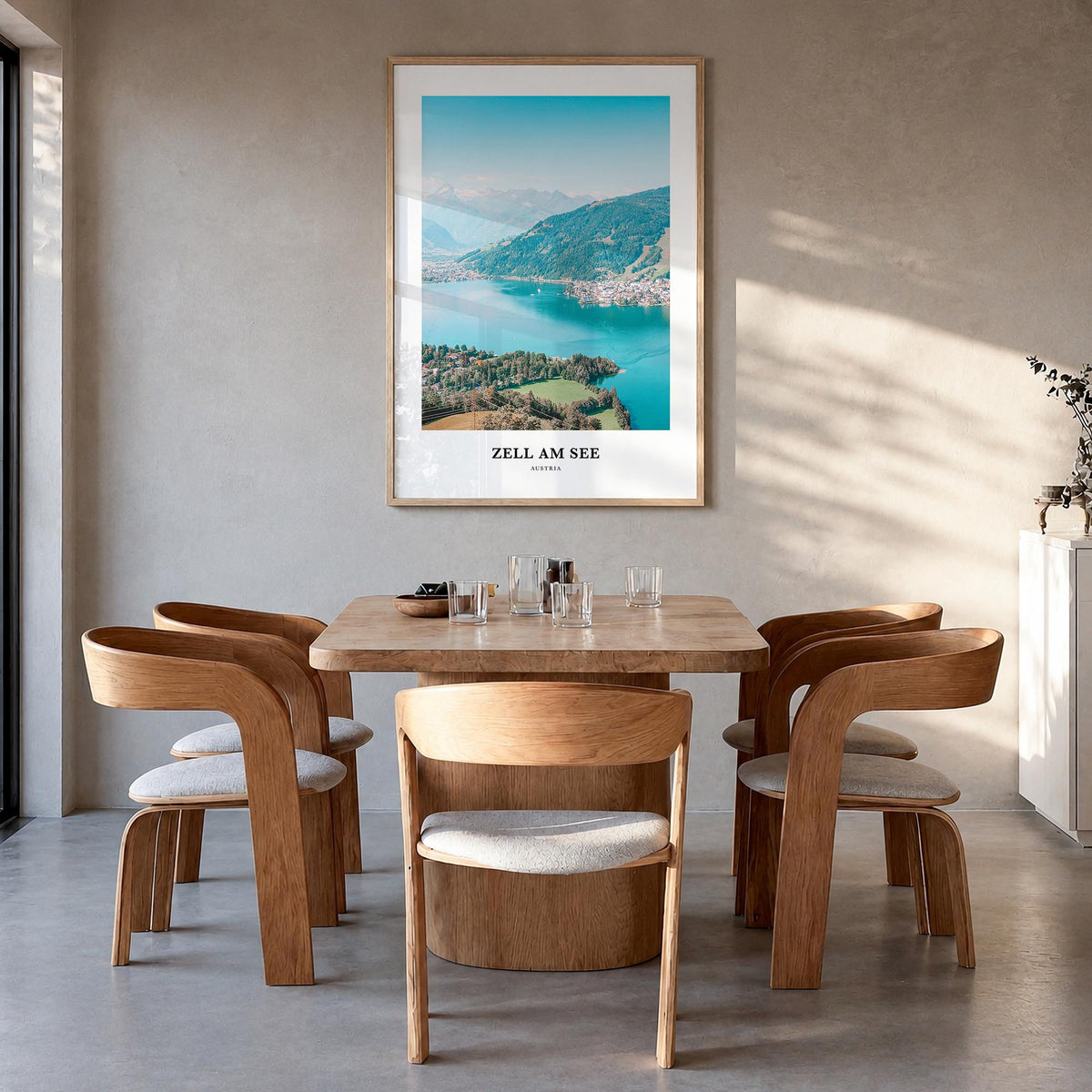 Zell am See colorful classic poster of Austria – vertical wall art in natural wood frame, hanging on wall