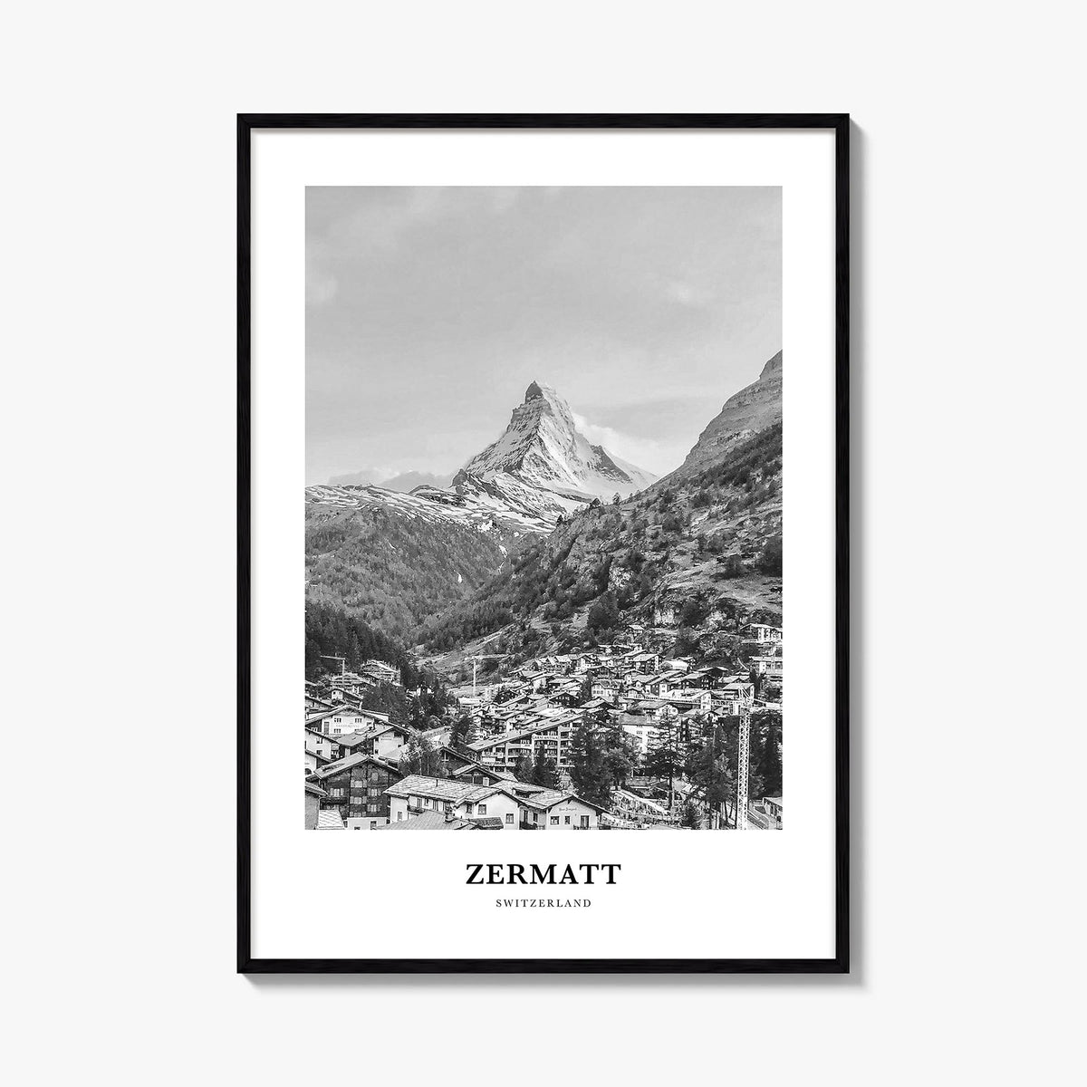 Zermatt black & white classic poster of Switzerland – vertical wall art, unframed print shown in interior mockup