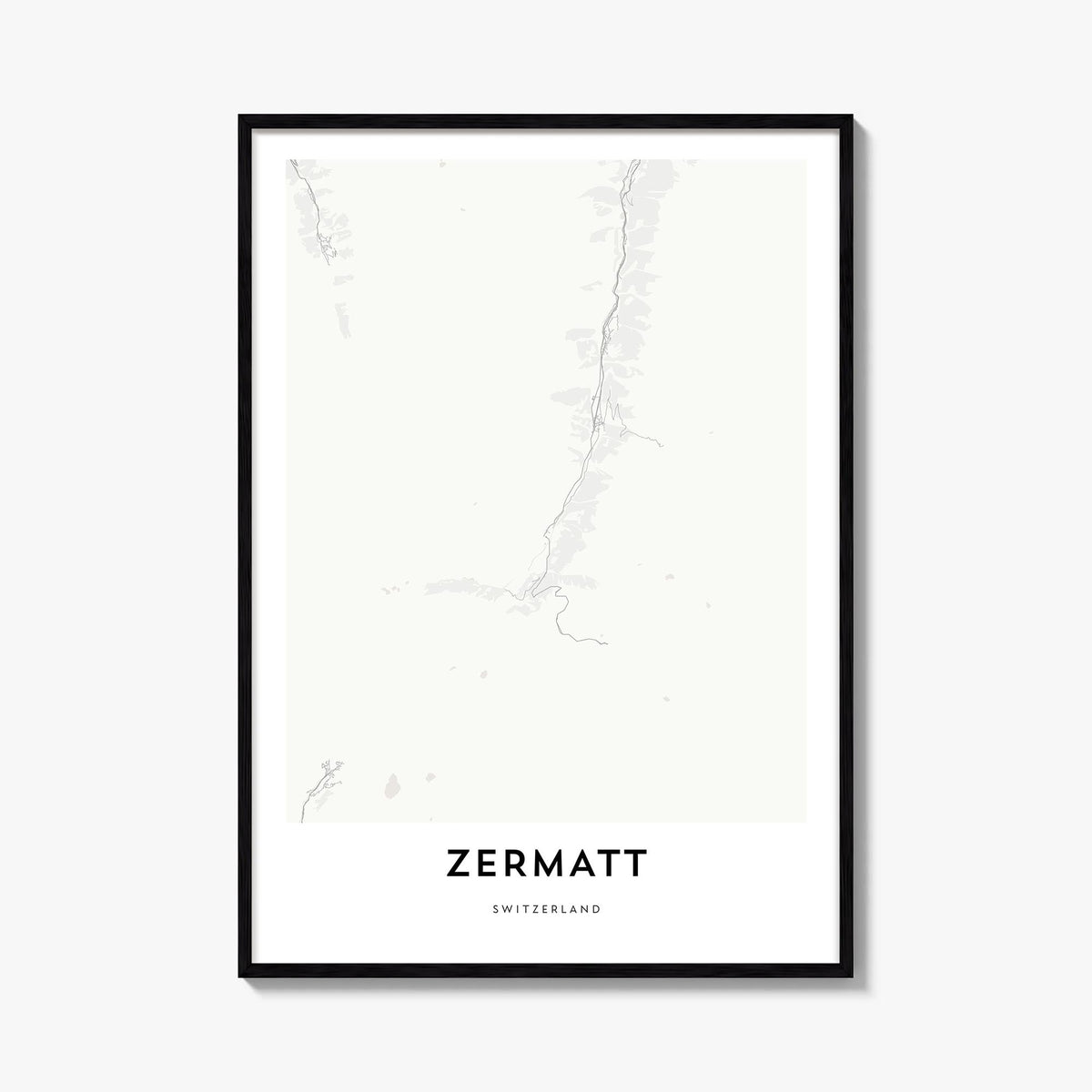 Zermatt black & white map poster of Switzerland – vertical wall art, unframed print shown in interior mockup