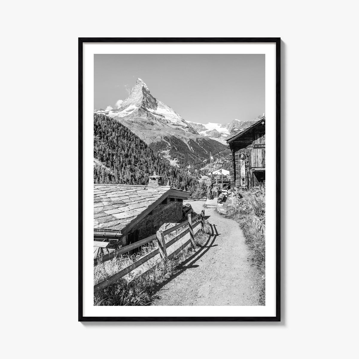 Zermatt black & white photo poster of Switzerland – vertical wall art, unframed print shown in interior mockup