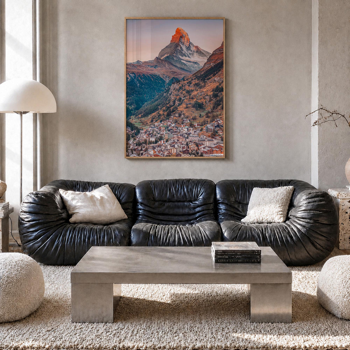 Zermatt colorful photo poster of Switzerland – vertical wall art in natural wood frame, hanging on wall