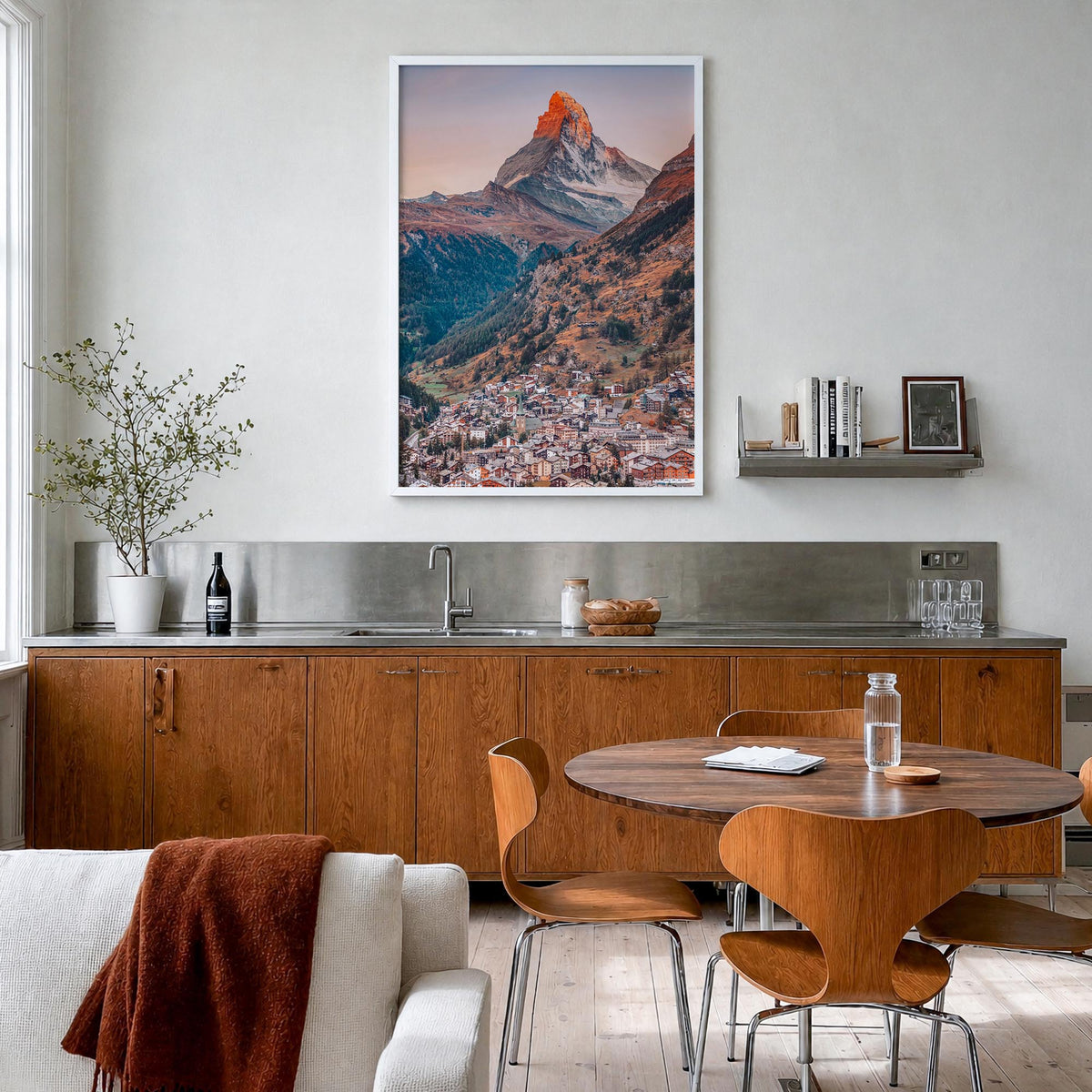 Zermatt colorful photo poster of Switzerland – vertical wall art in white wood frame, hanging on wall