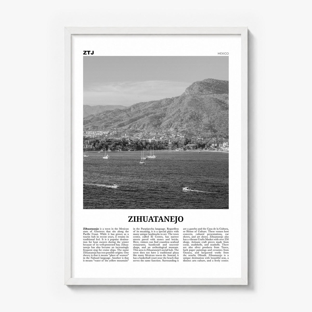 Zihuatanejo Newspaper Poster in a white wood frame