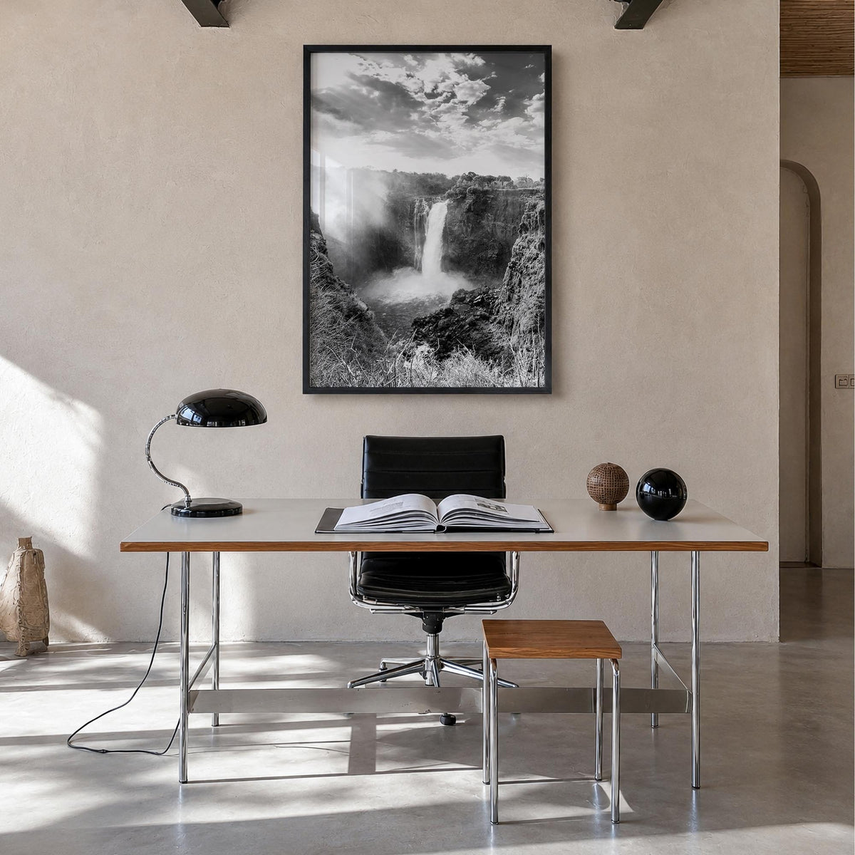 Zimbabwe black & white photo poster of Africa – vertical wall art in black wood frame, hanging on wall