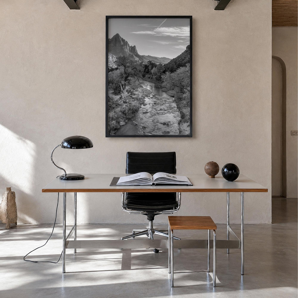 Zion National Park black & white photo poster of Utah, USA – vertical wall art in black wood frame, hanging on wall