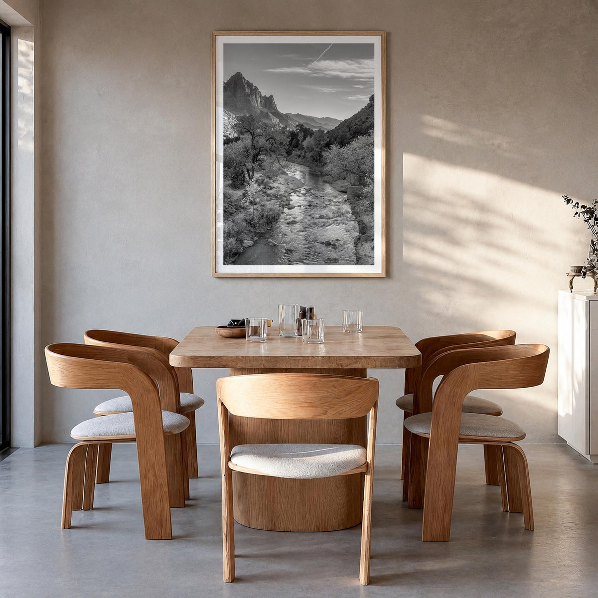 Zion National Park black & white photo poster of Utah, USA – vertical wall art in natural wood frame with white border, hangi