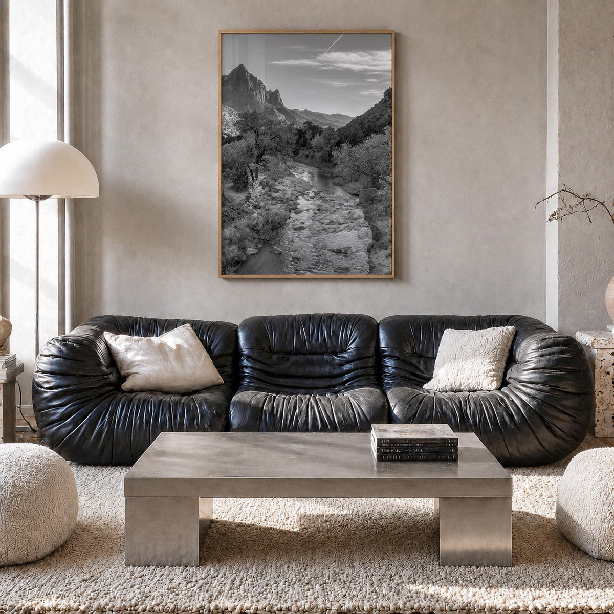 Zion National Park black & white photo poster of Utah, USA – vertical wall art in natural wood frame, hanging on wall