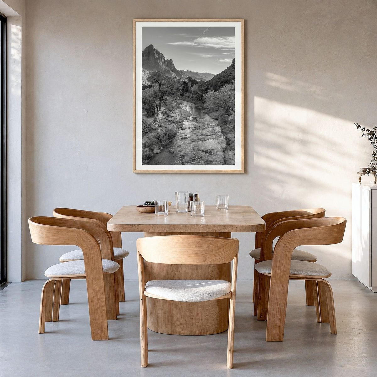 Zion National Park Photo Poster in a natural wood frame, hanging in a dining room, white border