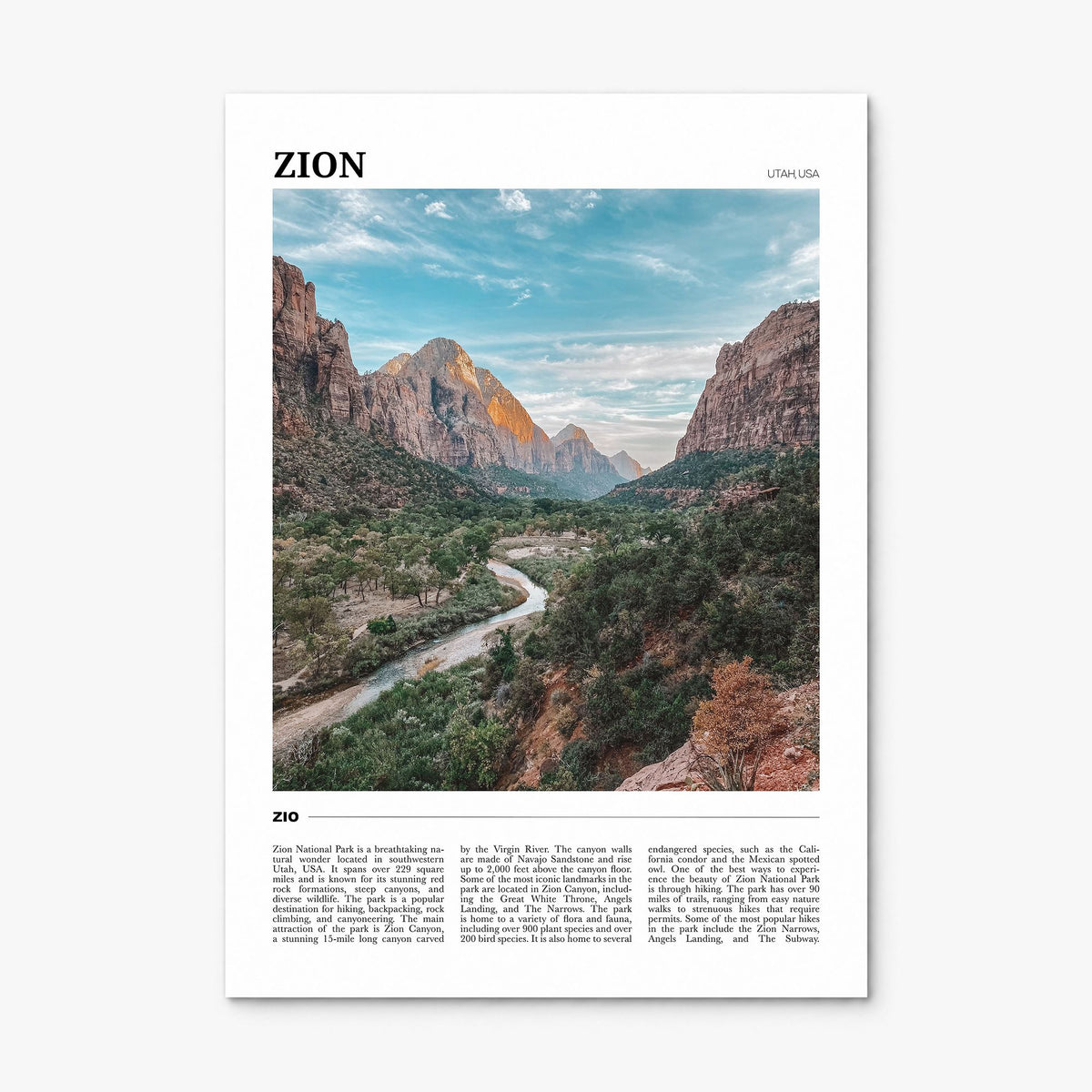 Zion National Park Travel Poster, print only (unframed)