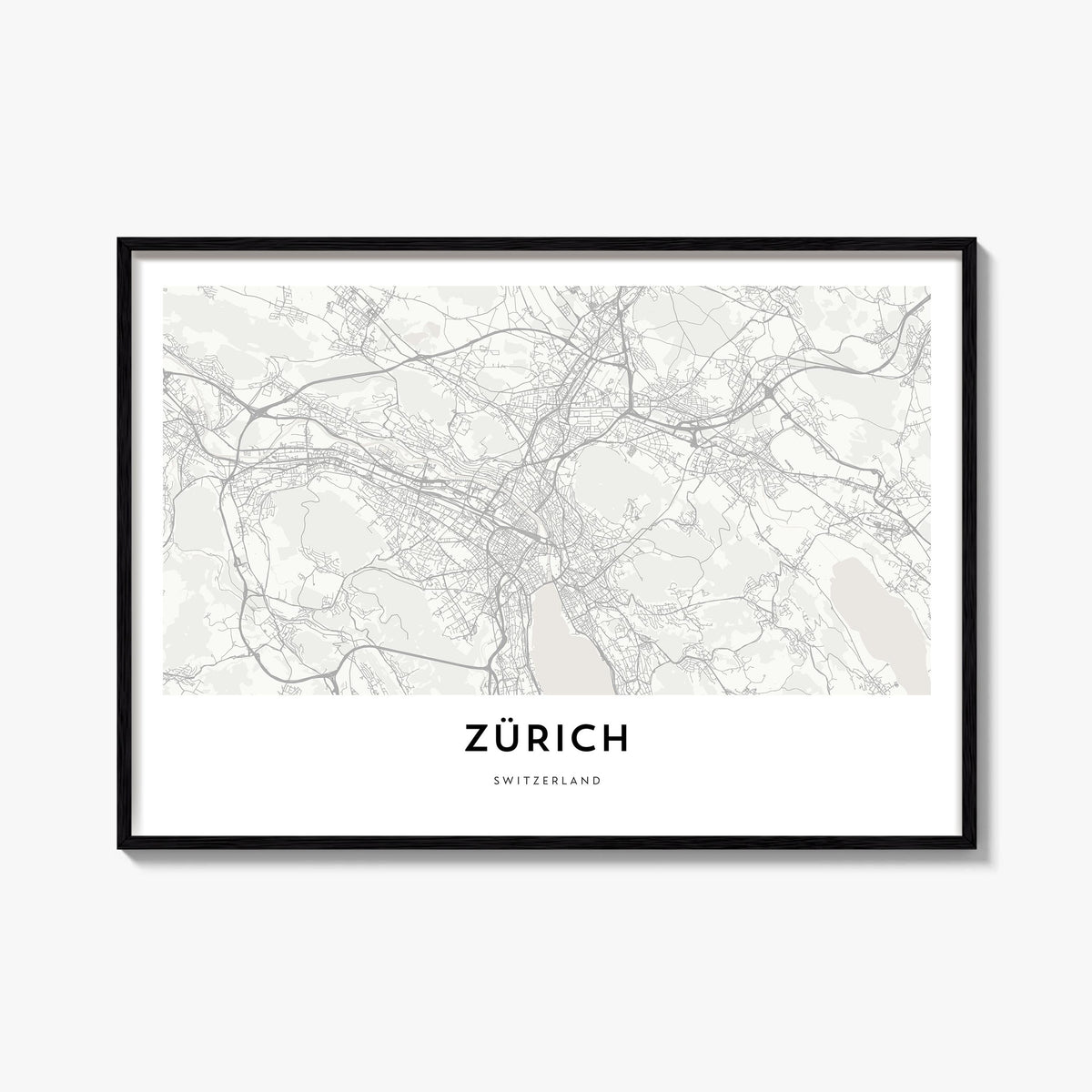 Zürich black & white map poster of Switzerland – horizontal wall art, unframed print shown in interior mockup