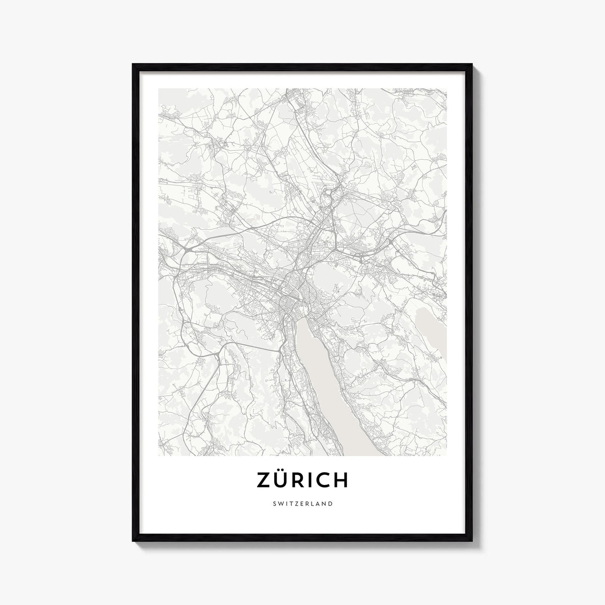 Zürich black & white map poster of Switzerland – vertical wall art, unframed print shown in interior mockup