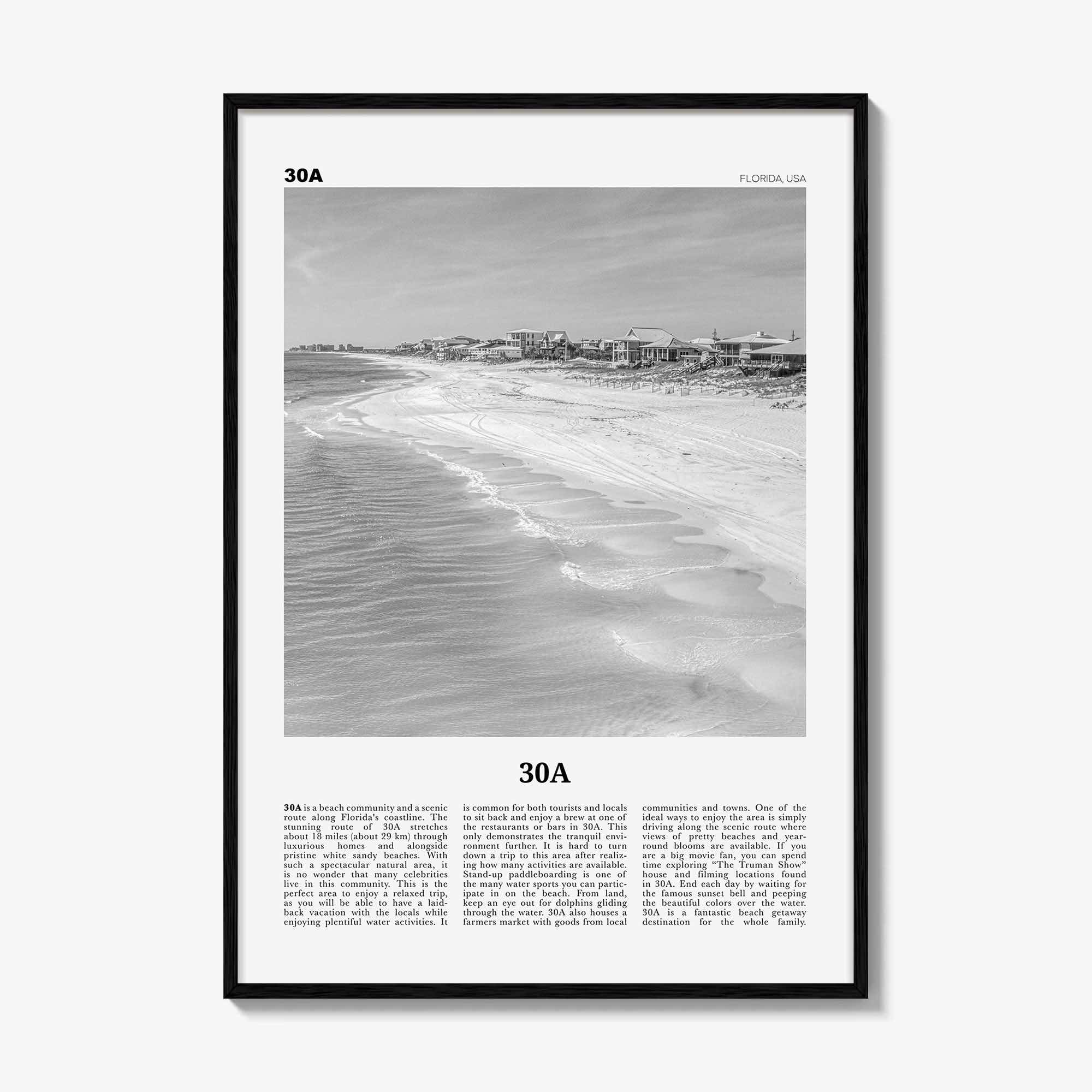 30A Print Black and White, 30A Wall Art, 30A Poster, 30A Photo, 30A Wall Décor, 30A Map, Florida, USA
