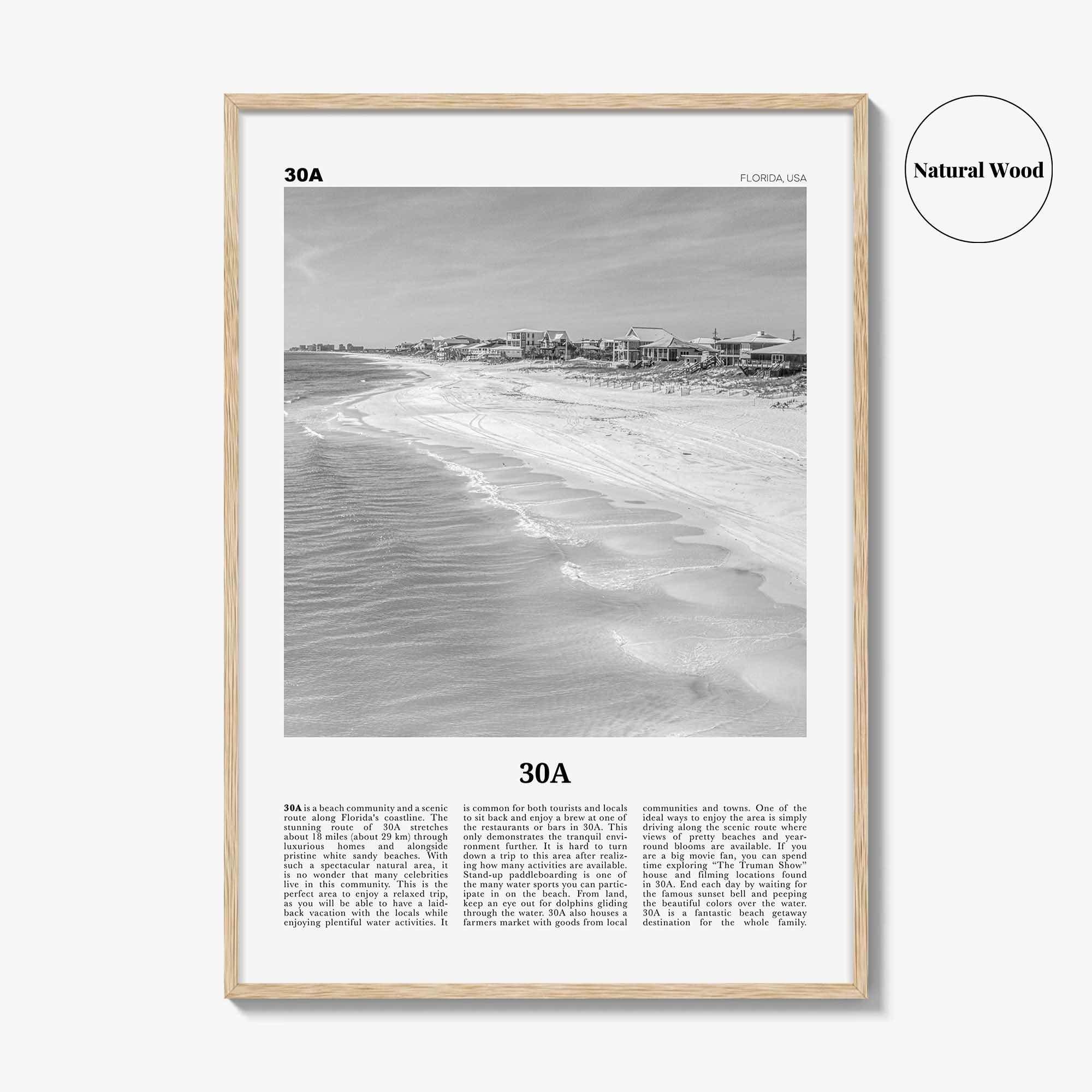 30A Print Black and White, 30A Wall Art, 30A Poster, 30A Photo, 30A Wall Décor, 30A Map, Florida, USA