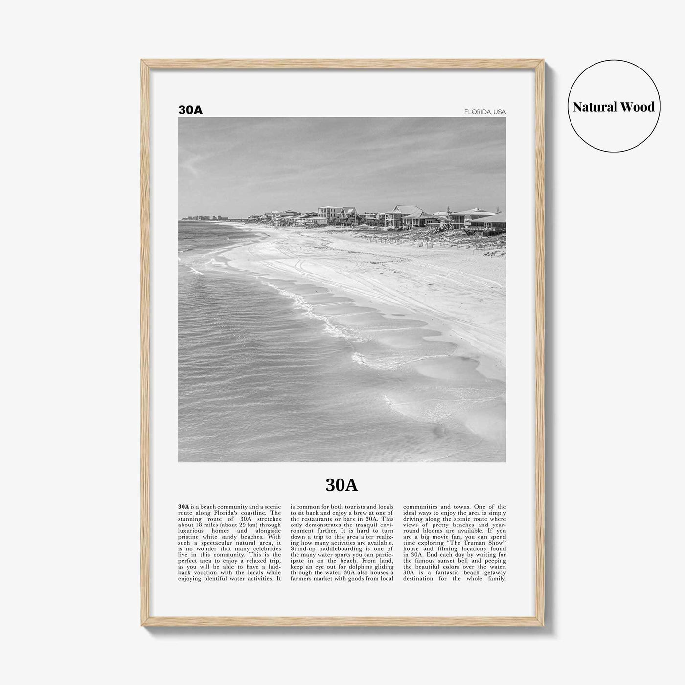 30A Print Black and White, 30A Wall Art, 30A Poster, 30A Photo, 30A Wall Décor, 30A Map, Florida, USA